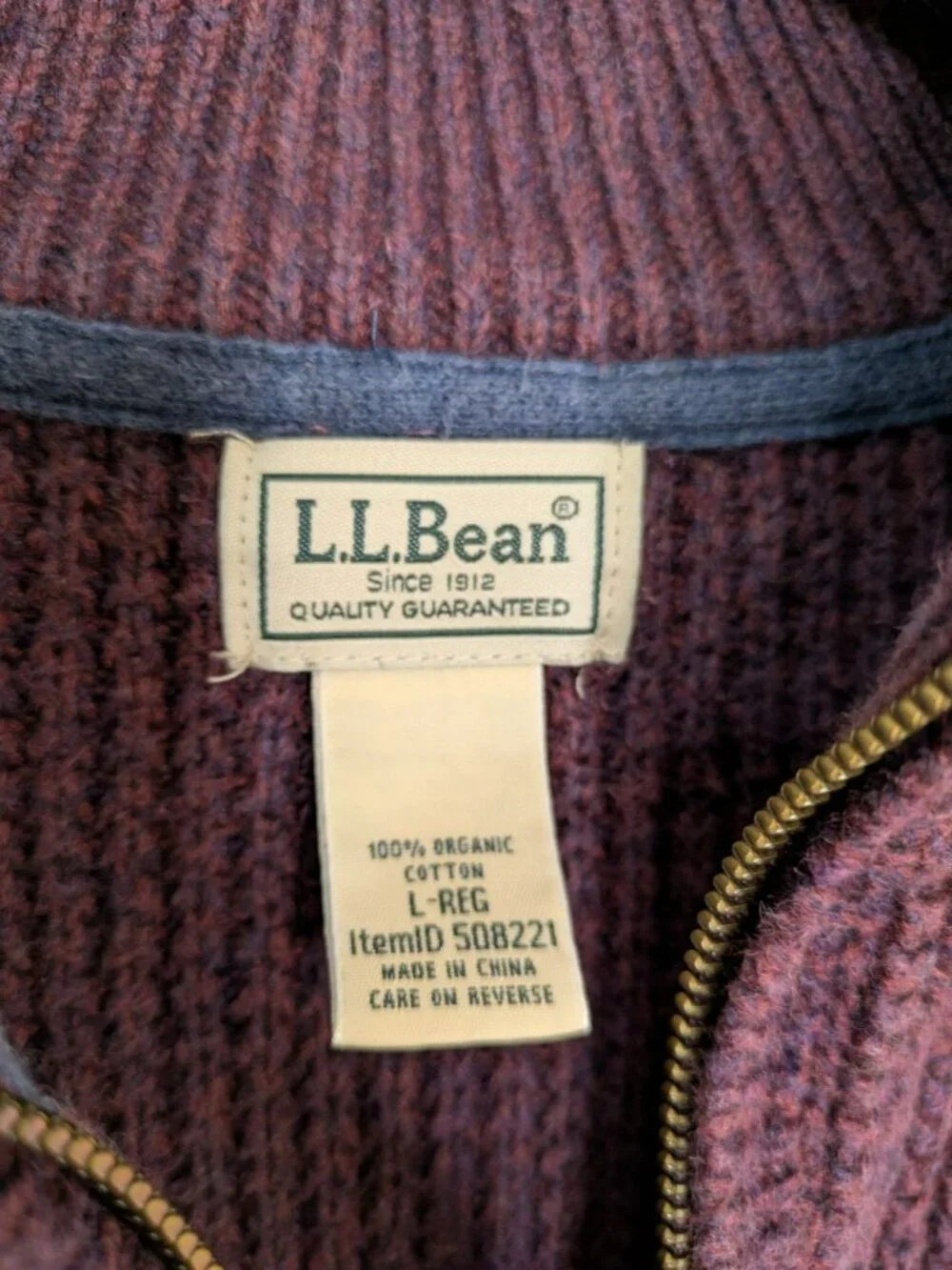 LL Bean Men's Burgundy Organic Cotton Full Zip Waffle Knit Cardigan Sweater LG